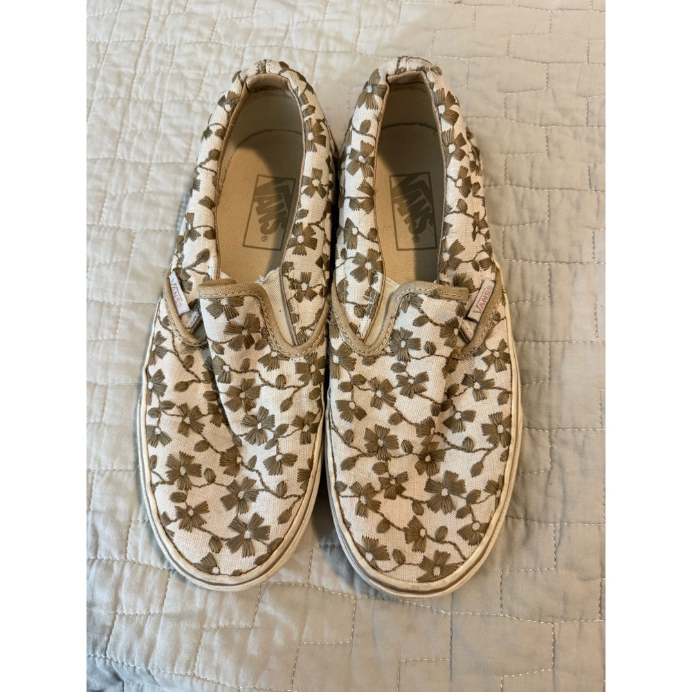 Vans Floral Embroidered Slip On Shoes Women's 8 Cream Brown Canvas Boho